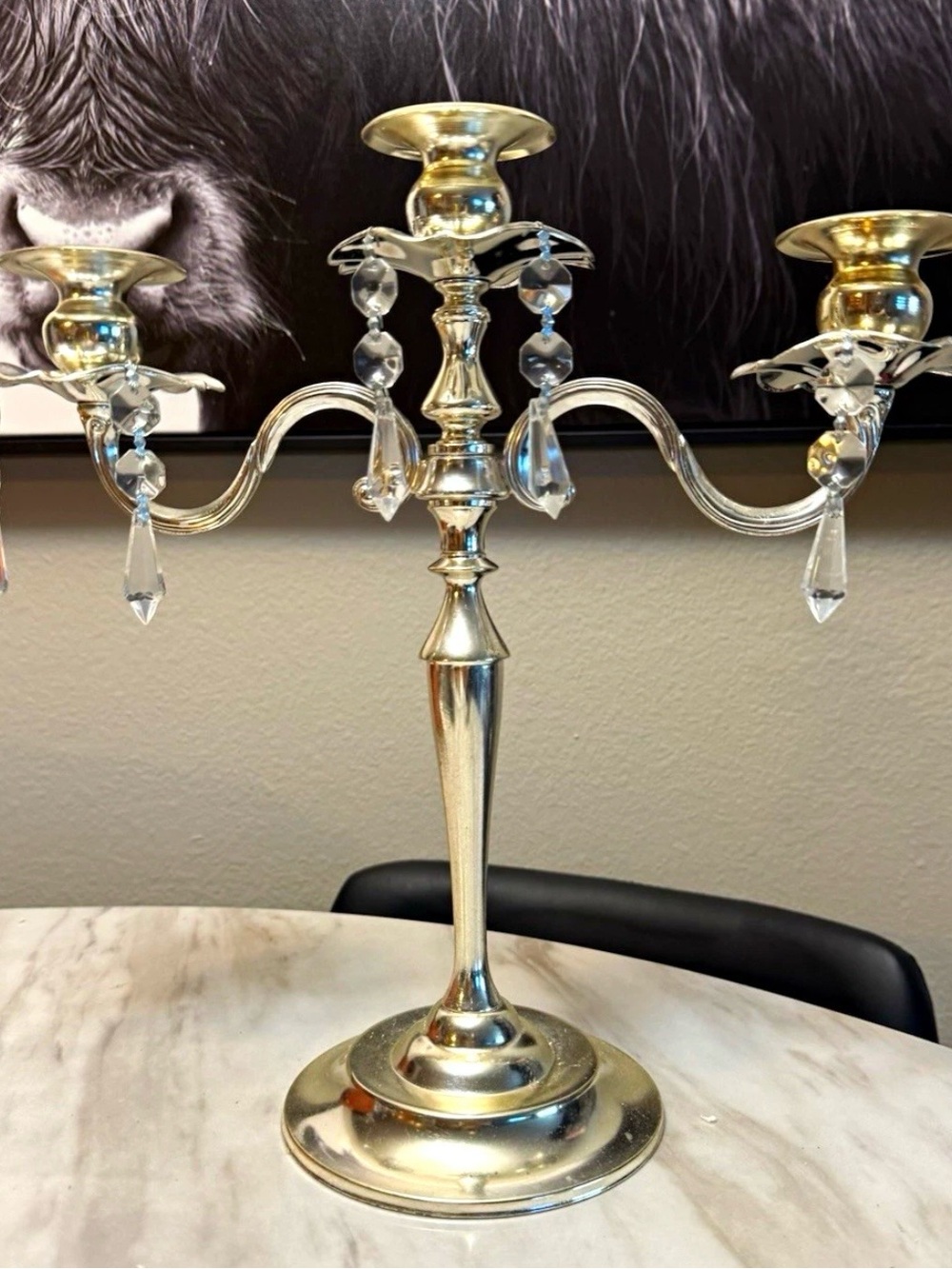 Silver candle stick holder crystals dangled